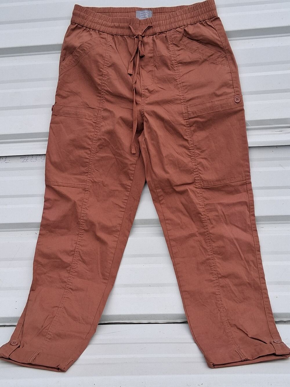Berkley Jensen Cargo Pants Khaki Button Drawstring Elastic Waist Women's Straig…